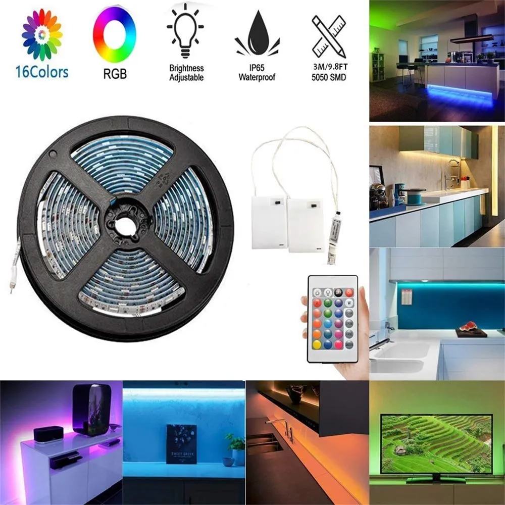 Светодиодная лента на батарейках 1 м 2 3 4 с регулируемой яркостью RGB SMD 5050 IP65