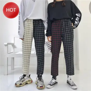 

2020 Plaid Fashion Vintage Patchwork Pants Harajuku Woman Man Trousers Elastics High Waist Pants Korean Causal Straight Pants