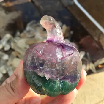 

Natural Fluorite Crystal Pumpkin Head Statue Quartz Crystal Figurine For Halloween Christmas Home Decoration Crafts Gifts