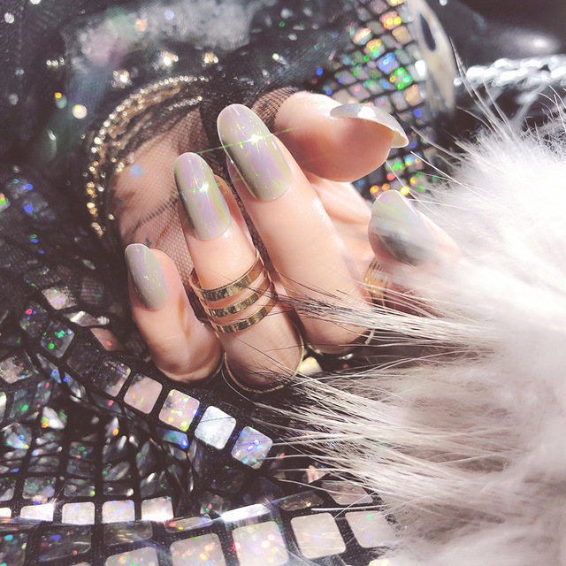 24Pcs Shiny Punk Style Fake Nails Long Ellipse Metallic Mirror Full Cover False Press On Nails Manicure Beauty Tools