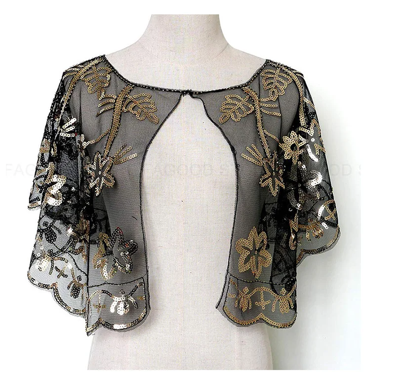 Women Glittering 1920s Shawl Wraps Sequin Beaded Evening Cape Bolero Flapper Cover Up (12)