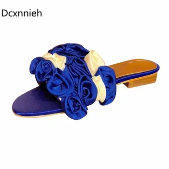 

Wine Red Satin Rose Flowers Women Flat Slippers Casual Outdoor Mules Flip Flop Floral Slides Designer Summer Party Shoes Woman