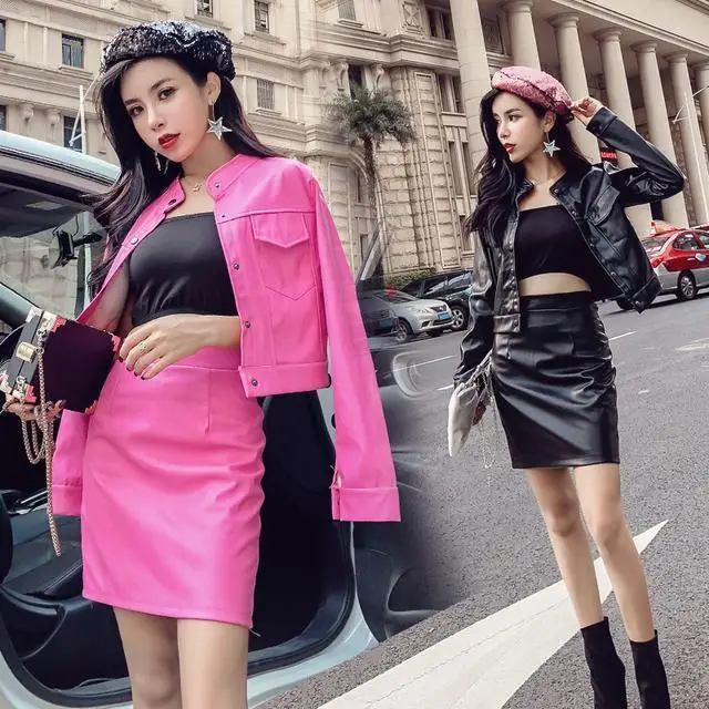 

Photo Shoot Autumn And Winter New Style WOMEN'S Dress Korean-style Fashion Short Leather Coat Coat + Sexy Slit Sheath PU Leather