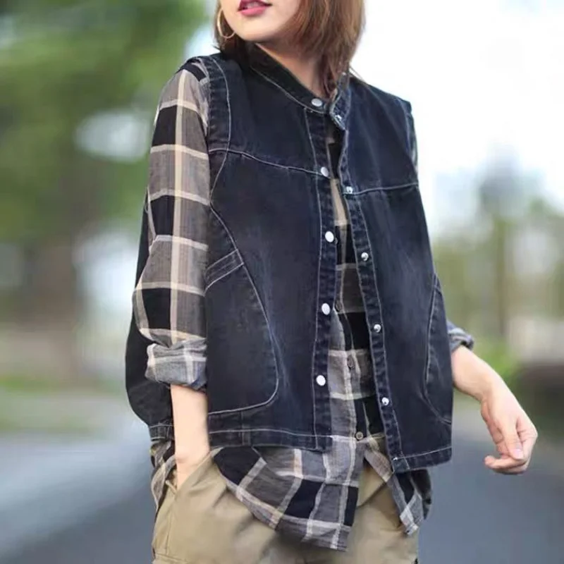 Retro-style denim vest vest women's casual jacket with sleeveless waistcoat for age reduction in spring and autumn.