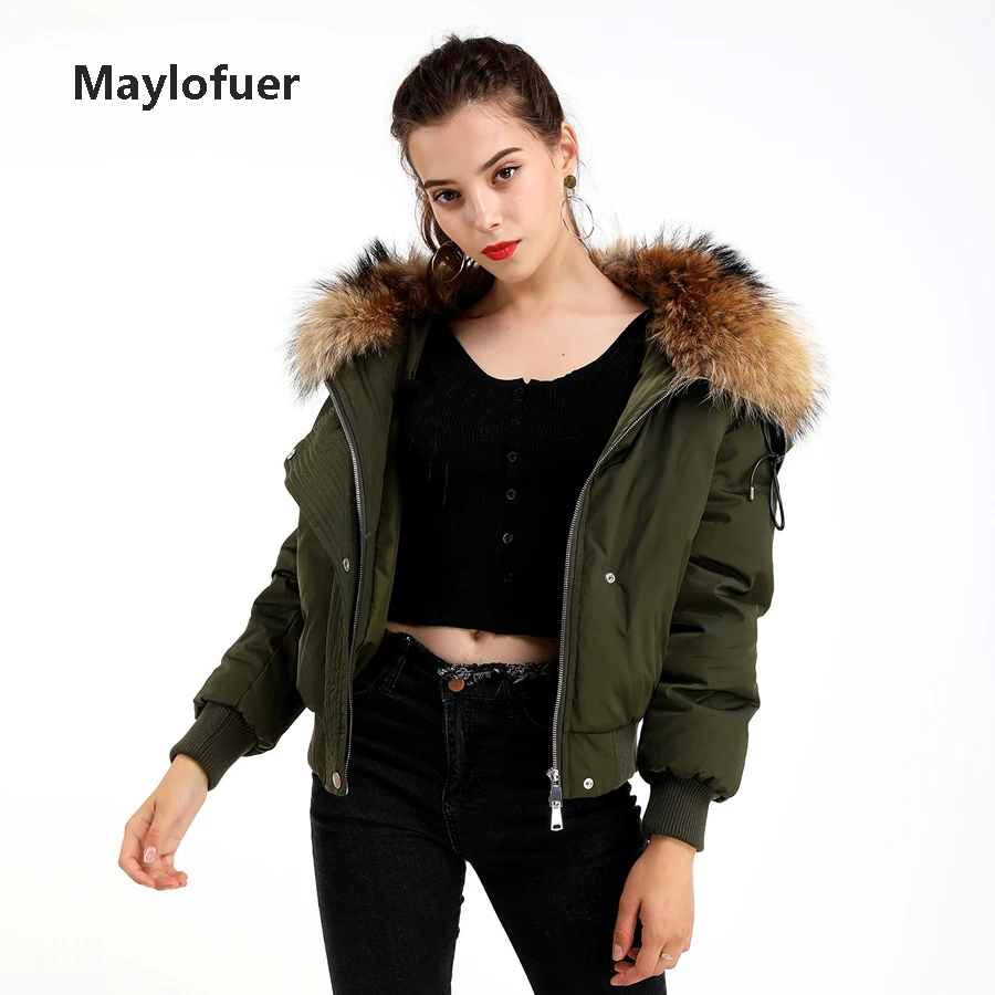 Maylofuer army green Angel Wings натуральный мех енота воротник парка с капюшоном на молнии Женский Теплый пуховик хлопковая куртка короткое пальто с мехом