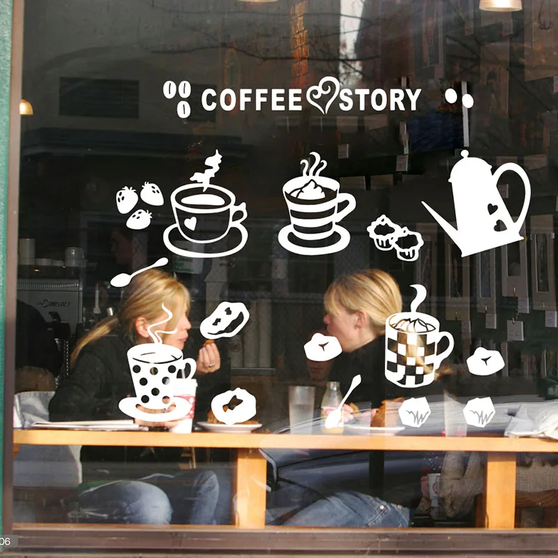Coffee Cafe Bar Window Wall Stickers Coffee Shop Business Cafe Coffee Mug Glass Wall Decal Vinyl Decor (2)