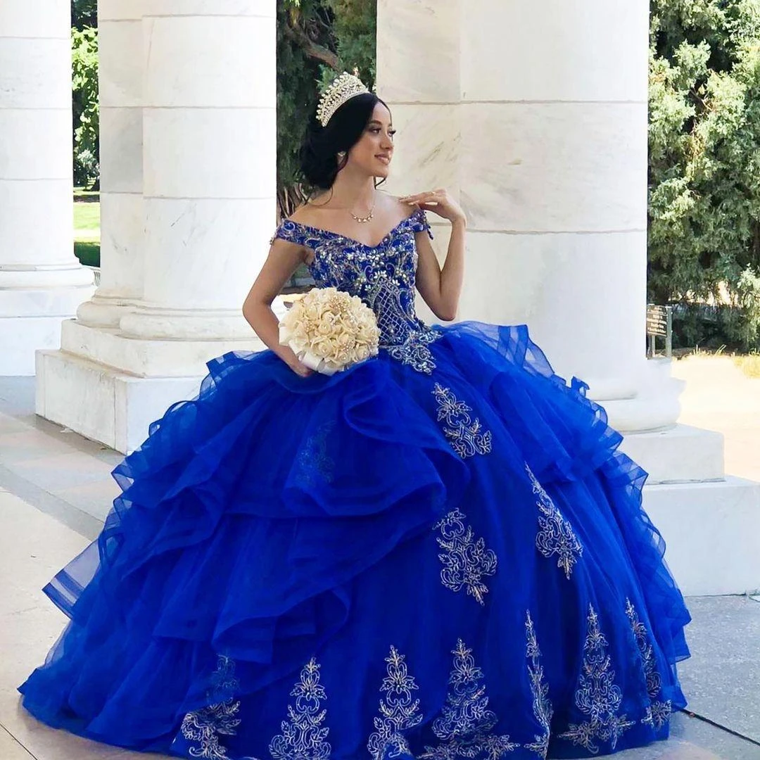 Vestido De baile azul real para Quinceañera, con cuentas y hombros  descubiertos, 15 años, 2022|Vestidos de quinceañera| - AliExpress