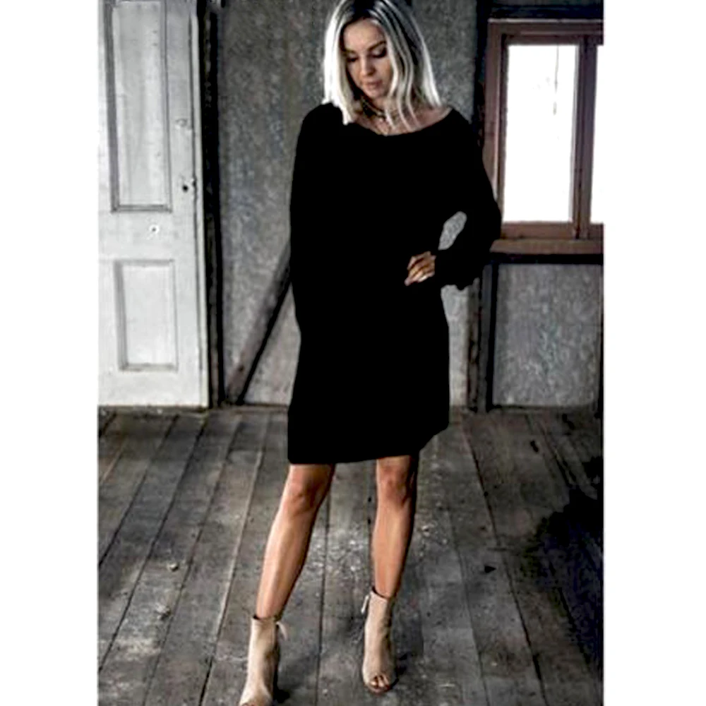 Новое модное женское платье с круглым вырезом и длинным рукавом, однотонное свободное платье, повседневное теплое зимнее мини-платье - Цвет: Черный