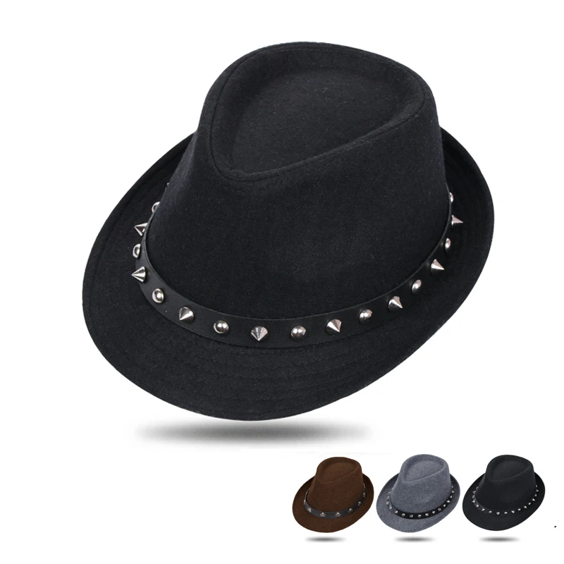 WELROG модные фетровые шляпы с заклепками в стиле панк для женщин и мужчин с двойными заклепками для джазового бара, черные шляпы с ремешками в стиле унисекс, Повседневные шапки в стиле ретро