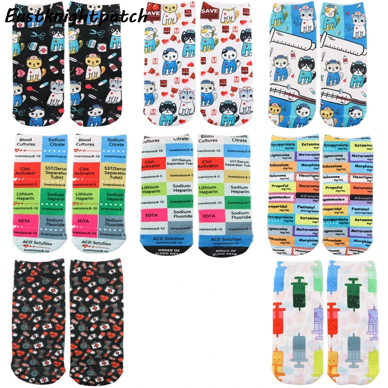 

E3304 Funny Cartoon Cat Patterned Women Men Short Socks Anime Cotton Ankle Breathable sock For Doctor Nurse
