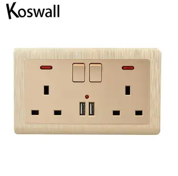 

Wall Power Socket Double UK Standard Outlet Switched 2.1A Dual USB Charger Port LED indicator 146mm*86mm Gold Color