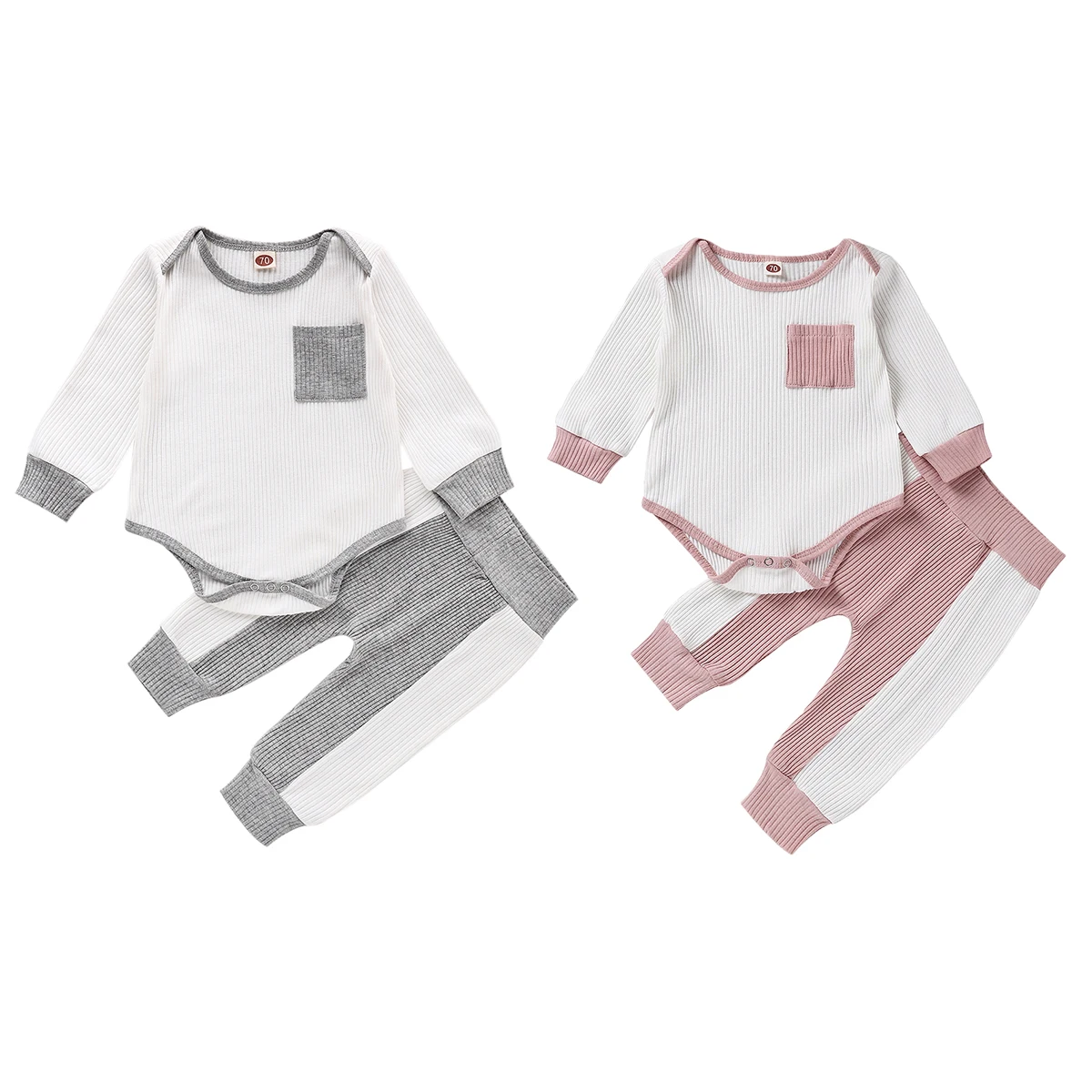 

2Pcs Toddler Infant Baby Girl Boy Autumn Casual Outfits O-Neck Long-Sleeves Ribbed Romper Top+High-Waist Splicing Pants 0-2Y