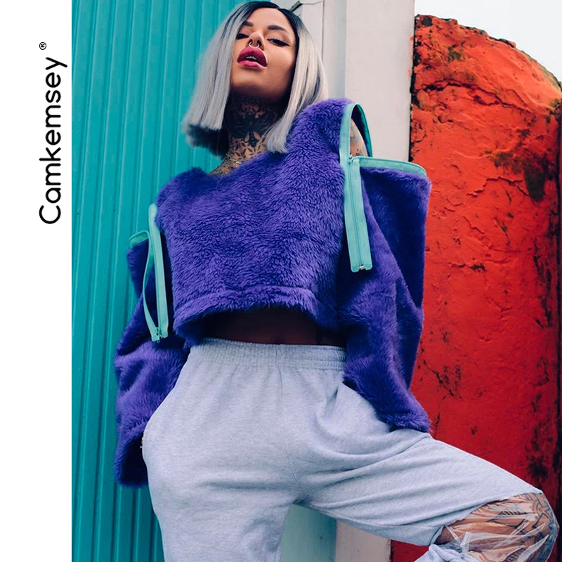 

CamKemsey Autumn Winter Faux Fur Hoodies Sweatshirts Women Streetwear Zippers Off Shoulder Warm Lamb Plush Cropped Pullovers