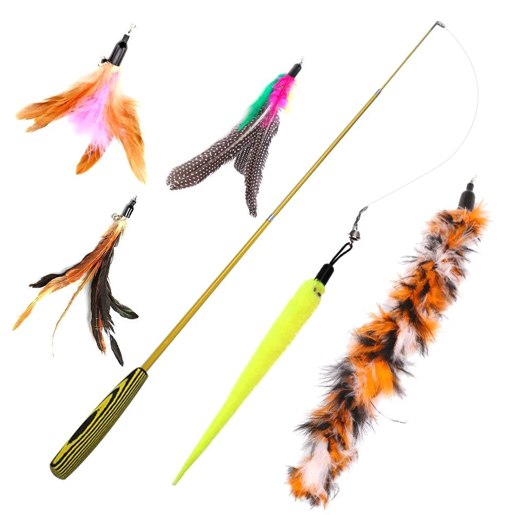 Bite-Resistant Funny Telescopic Teaser Portable Cute Soft Feather Pet Supplies Interactive Toy Replacement Head Cat Rod Set Home - Цвет: as picture