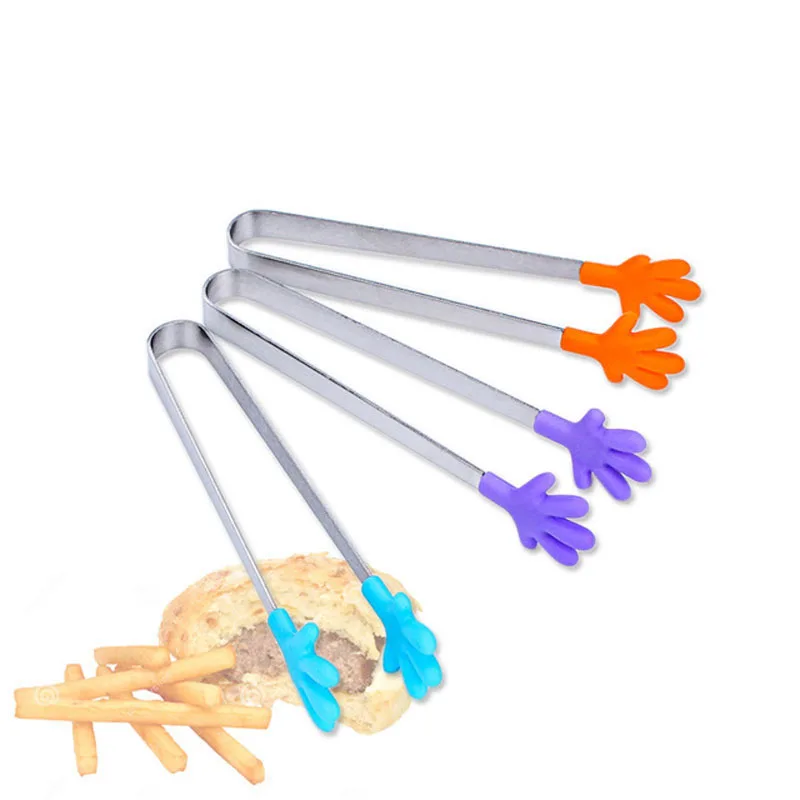 

Salad Serving BBQ Tongs Stainless Steel Handle Utensil Creative Hand Shape Kitchen Cooking Tools Mini Silicone Food Clip