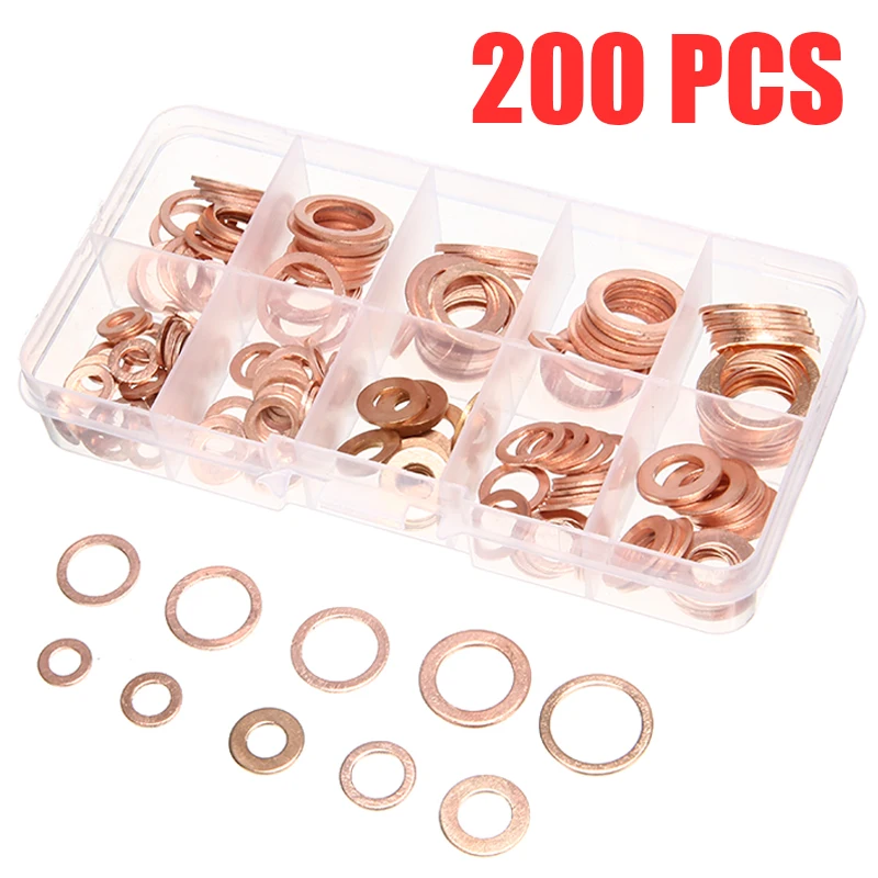 200pcs M5-M14 Solid O Ring Shape Copper Washer Gasket Seal Flat Ring Fuel Hydraulic Fittings Set Accessories