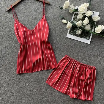 

Fiklyc Sexy Ladies Suspenders Tops Shorts Two-Piece Suit Loose Striped Home Service Silk Thin Section