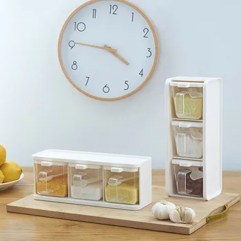 

3 In 1 Grids Spoon Kitchen with Lid Container Seasoning Box Herb Spices Storage Condiment Jar Cooking with Handle Desktop