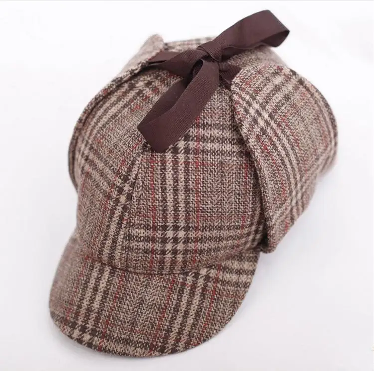 Plaid 2 BUTTERMERE, Шерлок, мужская шапка с ушками, женская шапка Шерлок Холмс, олень, шерстяная твидовая шапка, елочка, берет, Детективная шапка - Цвет: Plaid 2