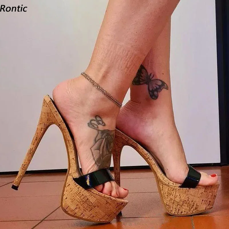 

Rontic 2021 Handmade Women Mules Sandals Cork Pattern Sexy Stiletto Heels Open Toe Beautiful Black Party Shoes US Size 5-20