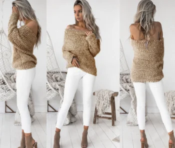 

Fashion Womens Ladies Stylish Solid Color Sexy Off Shoulder Casual Long Sleeve Bandeau Knitted Jumper Sweater Sweatshirt Tops