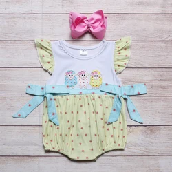 Vêtements d'été pour filles, petite barboteuse rouge à imprimé Floral jaune, sans manches, motif trois moutons brodés, pour bébés 