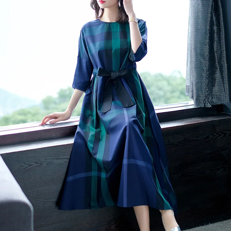 

Photo Shoot Cotton Linen Dress Women's Spring And Autumn Mid-length Large Size Dress Plaid Loose-Fit Slimming Waist Hugging Retr