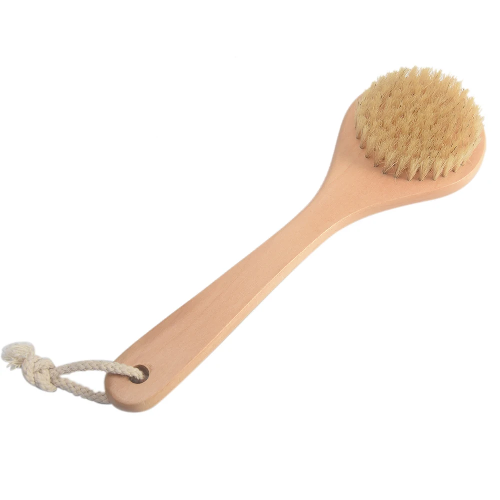 Bath Body Brush Boar Bristles Exfoliating Body Massager with Long Wooden Handle for Dry Brushing and Shower Feature