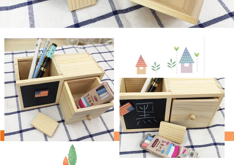 P73 Korean Style Creative DIY Desktop Single Layer Blackboard Storage Box Wood Pencil Case Office Multi-functional Stationery St