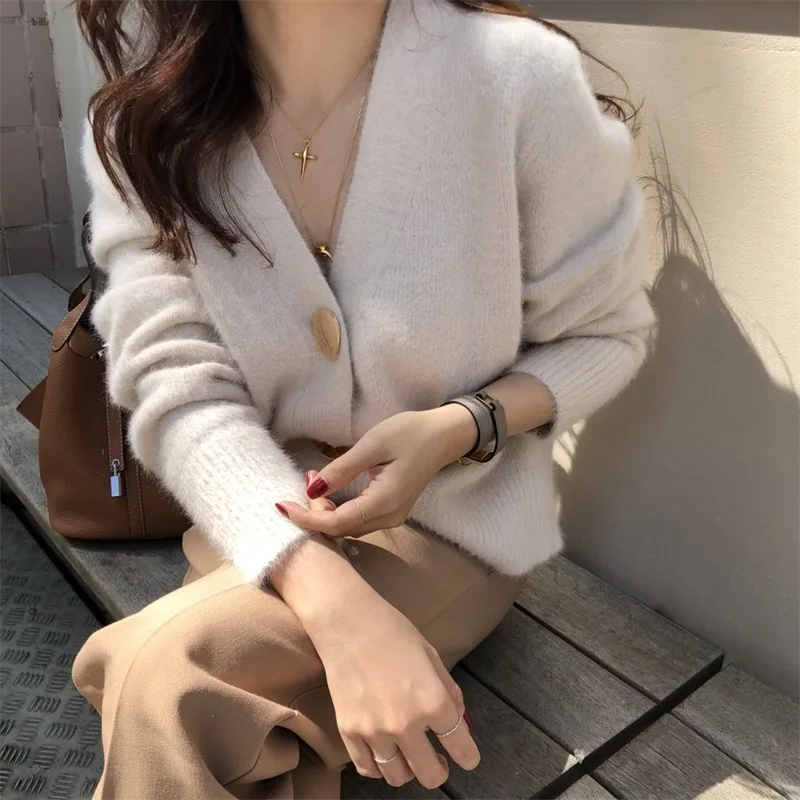 

New Style Korean-style Coat Female Autumn and Winter Versatile Sweater Short Tops Loose Laziness Wind Mohair Knitted Cardigan Wo