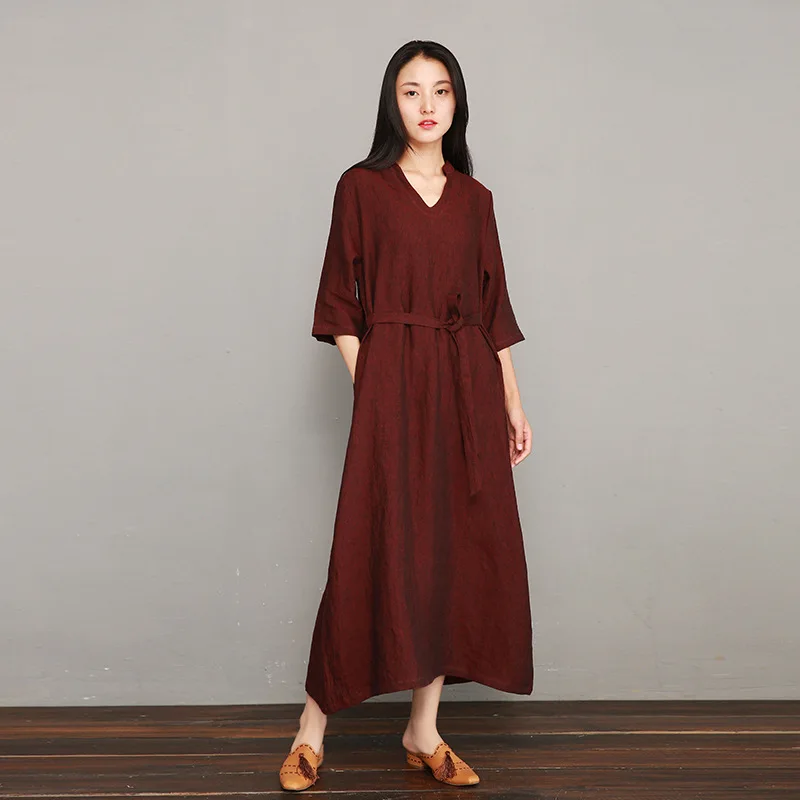 wine red NINI WONDERLAND осеннее льняное классическое платье женское винтажное платье с коротким рукавом и v-образным вырезом весеннее однотонное длинное платье большого размера - Цвет: wine red