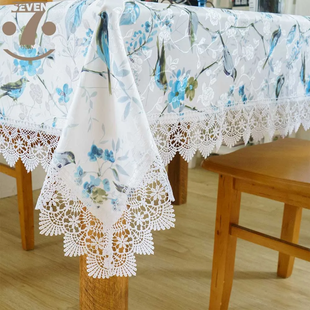 

130x180 см пасторальный стиль синий Oriolus печать жаккардовая ткань белая кружевная окантовка Декоративная скатерть