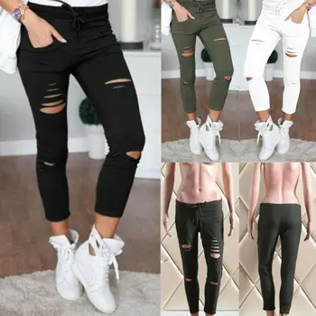 

HIRIGIN Fashion Women Skinny Ripped Holes Jeans Nith Pants High Waist Stretch Pencil Trousers