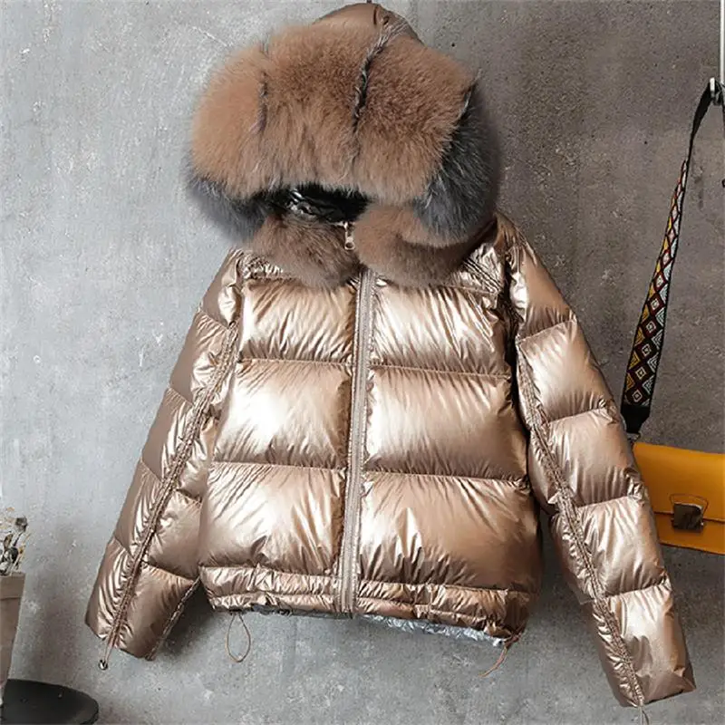 

Real Fox Fur Collar Women's Winter Jacket Silver Down Jacket White duck down Double-sided Down Parka Outerwear Warm Glossy Coat