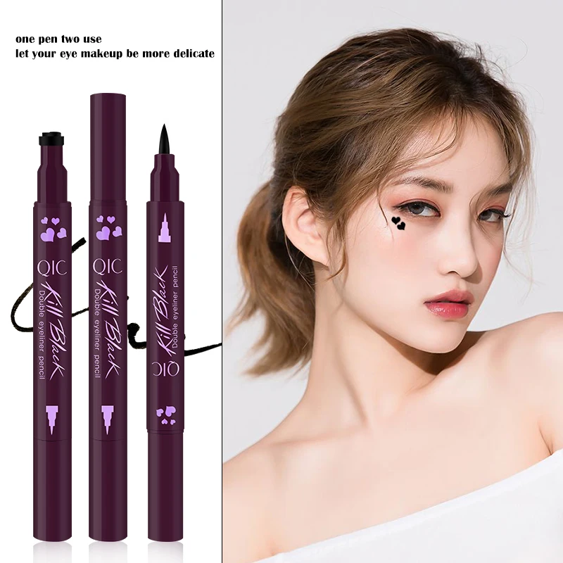QIC Double-head Stamp Eyeliner Black Liquid Eyeliner Waterproof Tattoo Pen Makeup Tools 4 Styles of Stamp Star/Moon/Titoni/Heart