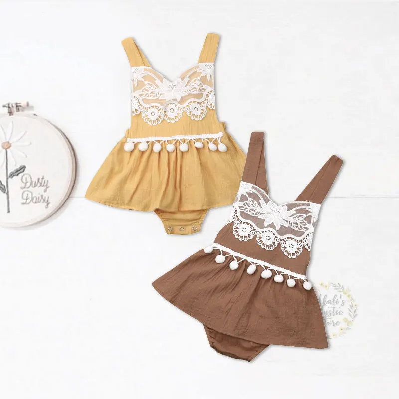 

0-24M Newborn Infant Baby Girl Rompers Lace Flower Ruffles Backless Pom Pom Jumpsuit Overalls Summer Vintage Baby Girls Costumes