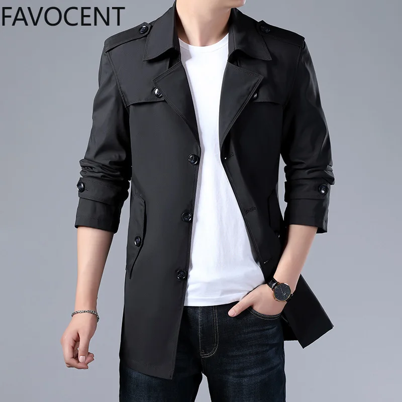 50% OFF Mens Trench Long Coat Fashion Male Solid Color Casual Mens Trench Coat Jacket Spring Autumn Overcoat Military Turn-down Collar