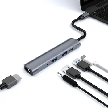 

Computer Office Supplies TZA501 5-in-1 USB-C Hub Type C to 4K HDMI USB 3.0 2.0 PD 3.5mm Audio Adapter