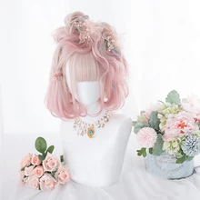 Косплей салон 30 см+ 50 см Лолита смешанный розовый Ombre Bob волнистые челки длинные короткие синтетические волосы косплей парик+ хвосты