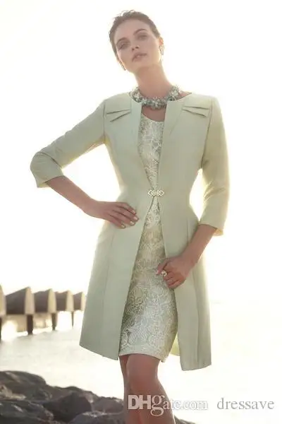 Elegant Lace Mother Dresses Scoop 3 4 Sleeves Lace Mother Off The Bride Dress Sheath Knee Length Evening Gowns With Jacket