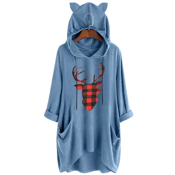 

Christmas Dress plus size 4 color Women Print Cat Ear Hooded Regular Long Sleeves Pocket Dress All Season clothing casual hot