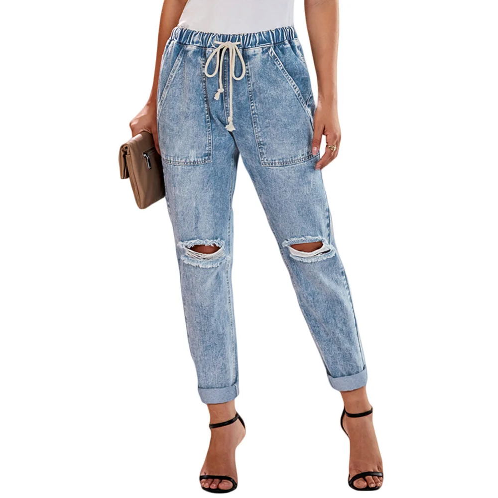 Elastic Waist Jeans Women's Loose Lace-up Waist Large Pocket Worn-out Capri Large Straight-Leg Pants Jean Shorts Women Summer Elastic Waist Jeans Women's Loose Lace-up Waist Large Pocket Worn-out Capri Large Straight-Leg Pants Jean Shorts Women Summer