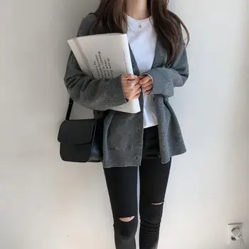 

Korean Preppy Style V Neck Oversized Sweater Winter Cotton Knitted Sweater Cardigans Fall Casual Single-Breasted Cardigan
