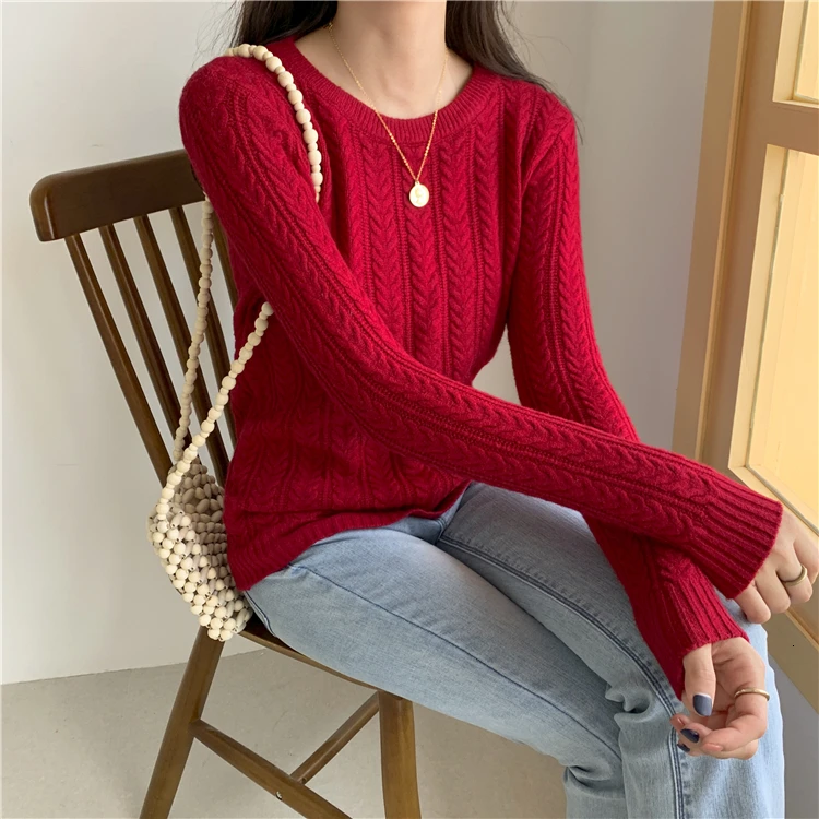 Knitted Sweater Woman Pullover Solid Color Candy Colors Basic Long Sleeves O-neck Jumpers
