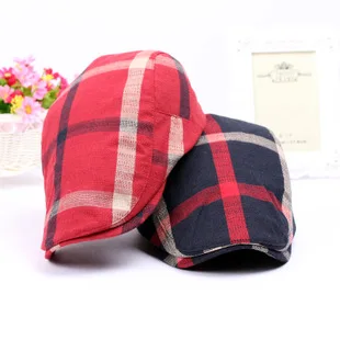 Spring Summer Classic Plaid after Metal Buckle Regulation Forward Cap Short Brimmed Breathable Cotton Beret Casual Newsboy