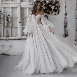 White Off-The-Shoulder Wedding Dresses with Puffy Sleeve Soft Tulle Floor-Length Strapless Vestido de novia 2022  A-Line Zipper