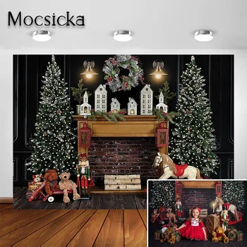 

Mocsicka Christmas Fireplace Photography Backdrop Xmas Tree Wreath Christmas Photo Shoot Background Photobooth Photo Studio