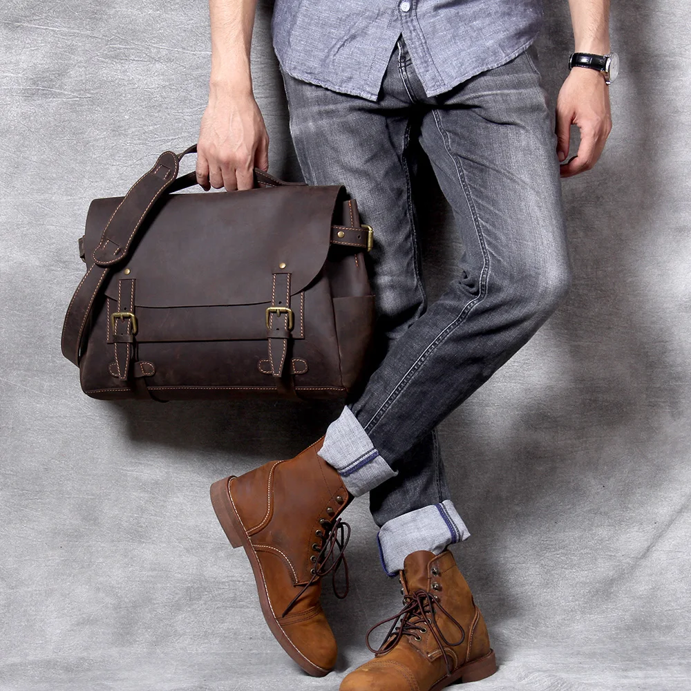 S.WORKER Vintage Genuine Cowhide Leather Men's Briefcase Laptop Messenger Bag Crazy Horse Leather Handbag Retro concise Style 2
