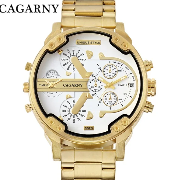 Cagarny 6820, крутые мужские наручные часы, мужские кварцевые часы, мужские золотые часы из нержавеющей стали с двумя часовыми поясами, военные часы, мужские часы XFCS - Цвет: Белый