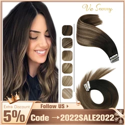 VeSunny Tape in Hair Extensions Human Hair Seamless Skin Weft Hair Extensions Double Sided Balayage Hair Color Adhesive Silky